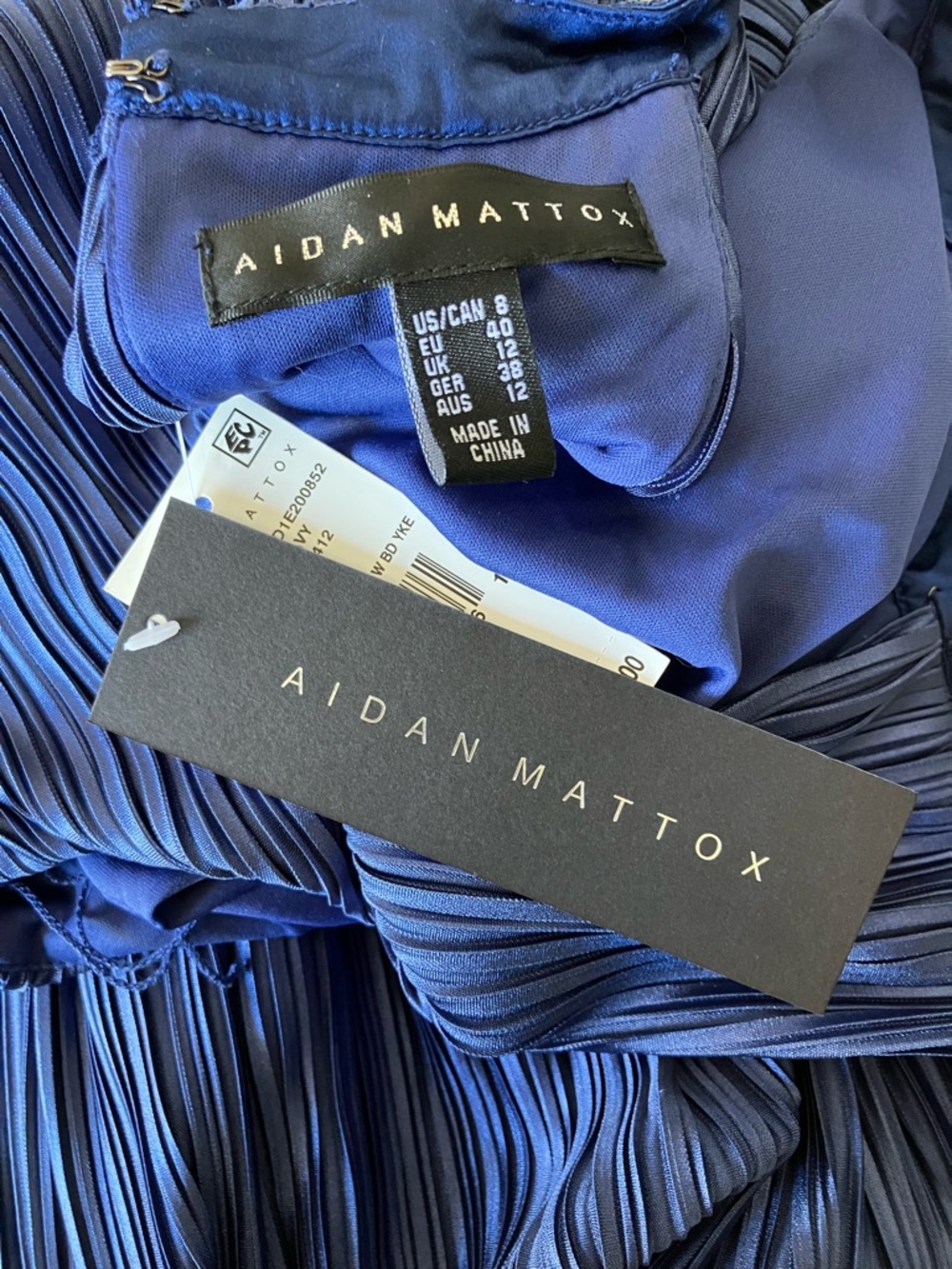 Aidan Mattox Navy Pleated Midi Dress Size 8 Beaded Yoke Sleeveless Wedding Guest - Picture 3 of 13